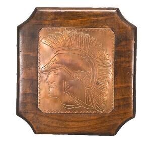 Mid-century VTG Copper Hand Punch Art Wall Plaque of Greco Roman Soldier 5.5"